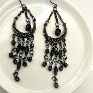 Gray Crystal Gunmetal Chandelier Earrings.